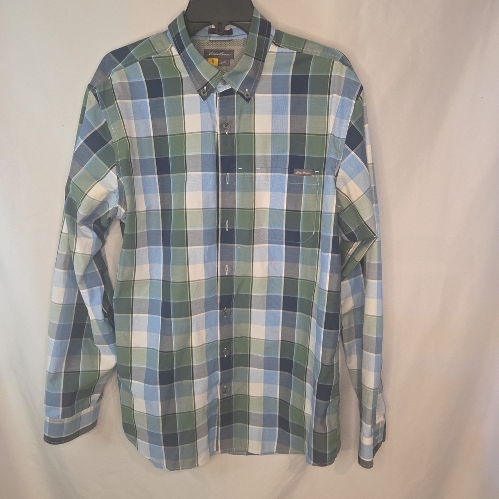 Eddie Bauer Mens Large Button Up Blue Green‎ White Plaid Tall Fit Casual